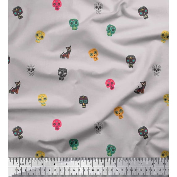 Soimoi Gray Silk Fabric Skull & Cat Tribal Print Sewing Fabric Yard 42 Inch Wide