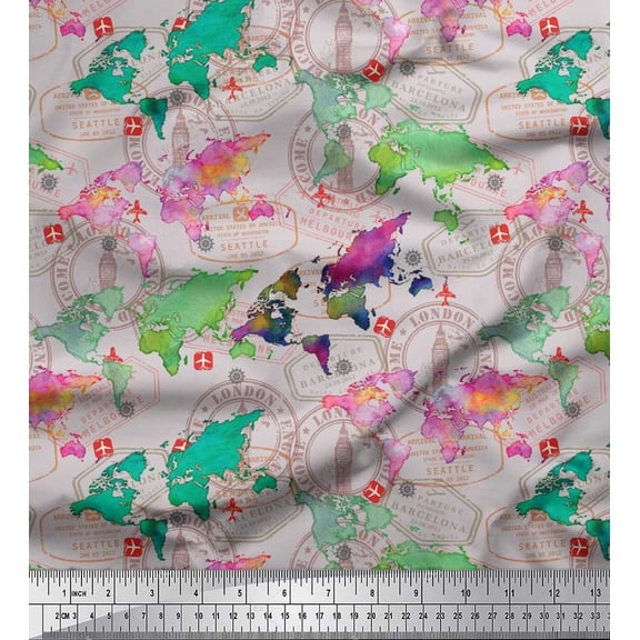 Soimoi Gray Silk Fabric Stamp & World Map Decor Fabric Printed Yard 42 Inch Wide
