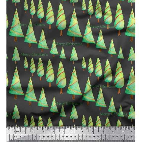 Soimoi Gray Silk Fabric Text & Christmas Tree Print Fabric by the Yard 42 Inch Wide