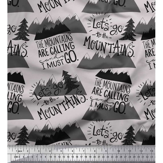 Soimoi Gray Viscose Chiffon Fabric Mountains & Text Print Sewing Fabric Yard 42 Inch Wide