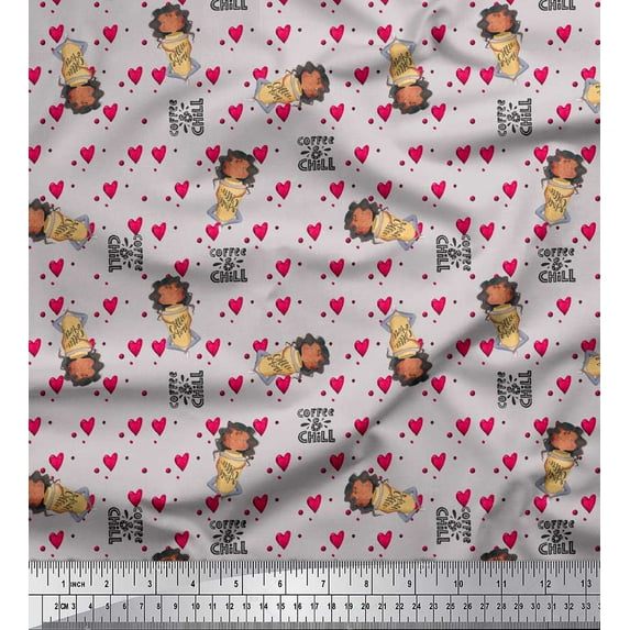 Soimoi Gray polyester Crepe Fabric Coffee Glass & Girl Heart Print Fabric by Yard 42 Inch Wide
