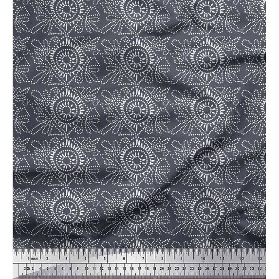 Soimoi Gray polyester Crepe Fabric Print Block Print Fabric by the Yard 42 Inch Wide