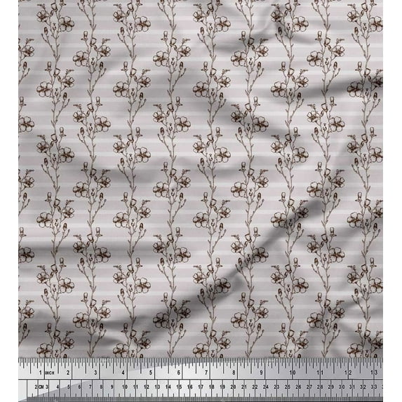 Soimoi Gray polyester Crepe Fabric Stripe & Flower Floral Decor Fabric Printed Yard 42 Inch Wide