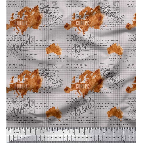 Soimoi Gray polyester Crepe Fabric Text & Europe Map Travel Print Sewing Fabric Yard 42 Inch Wide