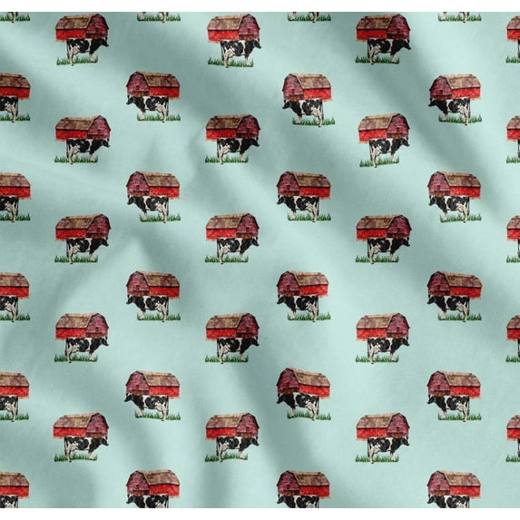 Soimoi Green Cotton Cambric Fabric Barn & Cow Farm Fabric Prints By Yard 58 Inch Wide