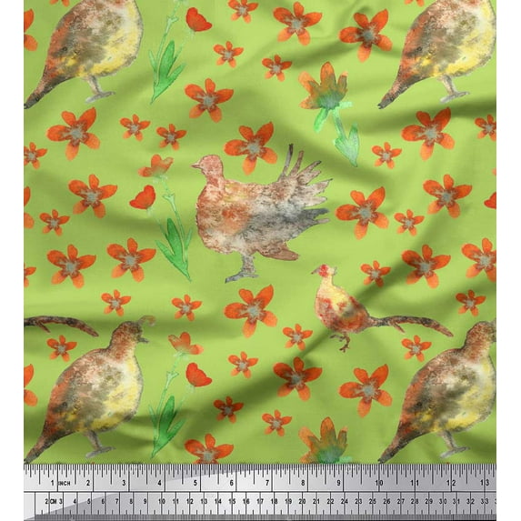 Soimoi Green Cotton Cambric Fabric Bird & Floral Print Fabric by the Yard 42 Inch Wide