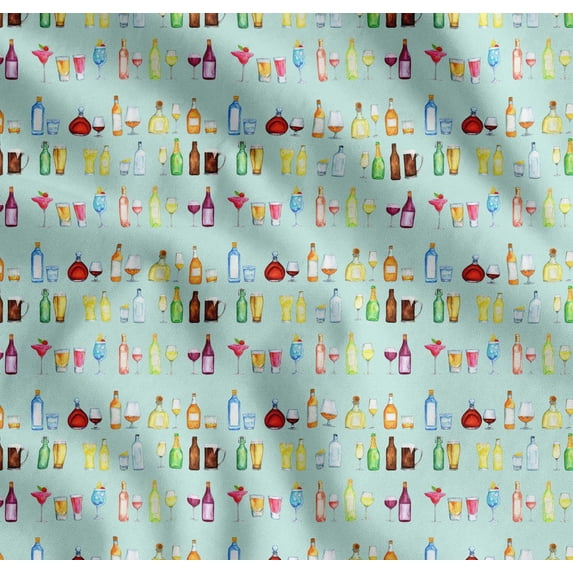 Soimoi Green Cotton Cambric Fabric Bottle & Wine Glass Bar Print Fabric by the Yard 56 Inch Wide