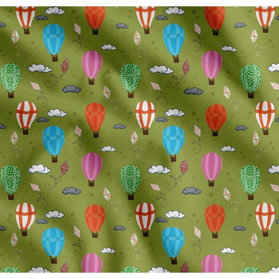 Soimoi Green Cotton Cambric Fabric Cloud & Hot Air Balloon Holiday Print Fabric by the Yard 42 Inch Wide