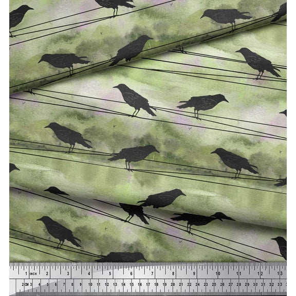 Soimoi Green Cotton Cambric Fabric Crow Bird Print Fabric by Yard 42 Inch Wide