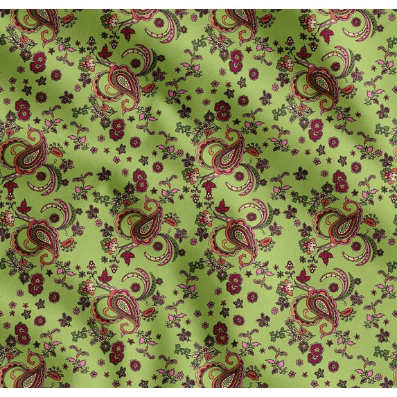 Soimoi Green Cotton Cambric Fabric Floral & Paisley Decor Fabric Printed Yard 42 Inch Wide