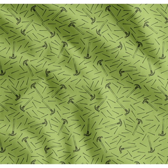 Soimoi Green Cotton Cambric Fabric Hammer & Nail Hardware Print Fabric by the Yard 56 Inch Wide