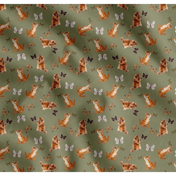Soimoi Green Cotton Cambric Fabric Insect & Cat Animal Print Sewing Fabric BTY 42 Inch Wide