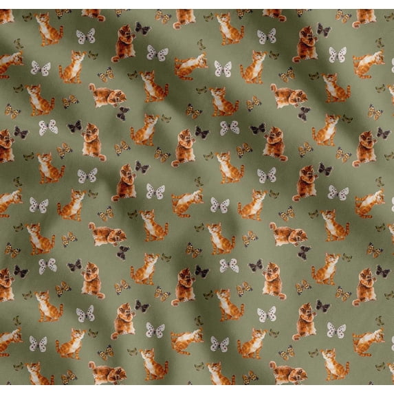 Soimoi Green Cotton Cambric Fabric Insect & Cat Animal Print Sewing Fabric BTY 42 Inch Wide
