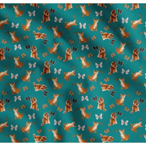 Soimoi Green Cotton Cambric Fabric Insect & Cat Animal Printed Craft Fabric by The Yard 56 Inch Wide