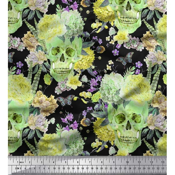 Soimoi Green Cotton Cambric Fabric Insect,Skull & Flower Decor Fabric Printed BTY 56 Inch Wide