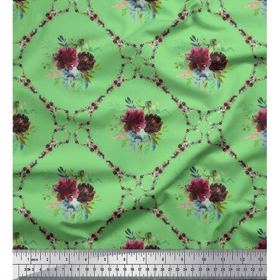 Soimoi Green Cotton Cambric Fabric Leaves,Floral & Diamond Geometric Print Fabric by The Yard 42 Inch Wide