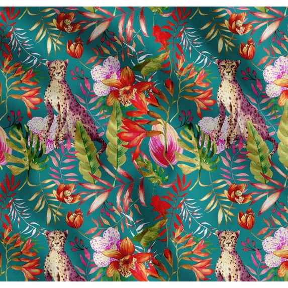 Soimoi Green Cotton Cambric Fabric Leaves,Floral & Leopard Jungle Print Sewing Fabric BTY 42 Inch Wide