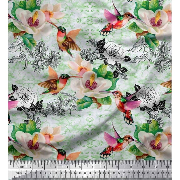 Soimoi Green Cotton Cambric Fabric Leaves,Hummingbird & White Floral Printed Craft Fabric by The Yard 42 Inch Wide