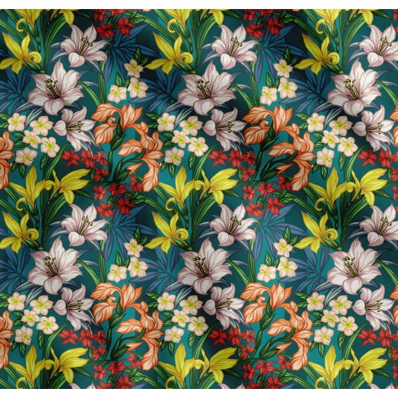Soimoi Green Cotton Cambric Fabric Leaves, & Lily Floral Fabric Prints By Yard 42 Inch Wide