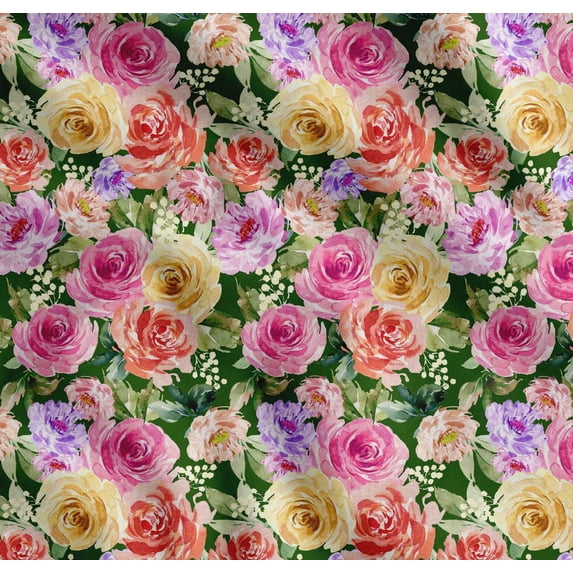 Soimoi Green Cotton Cambric Fabric Leaves,Pink & Peach Rose Watercolor Decor Fabric Printed BTY 42 Inch Wide