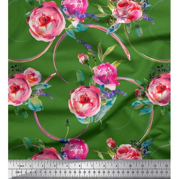 Soimoi Green Cotton Cambric Fabric Leaves & Ranunculus Floral Fabric Prints By Yard 42 Inch Wide