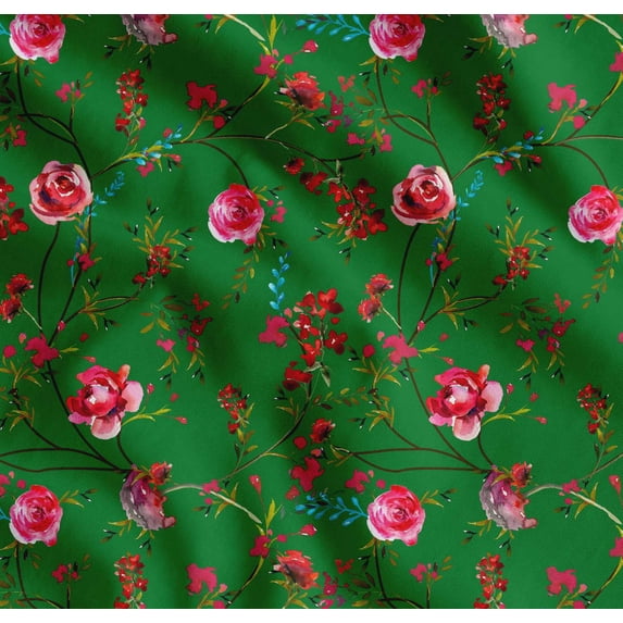 Soimoi Green Cotton Cambric Fabric Leaves & Ranunculus Floral Print Fabric by Yard 42 Inch Wide