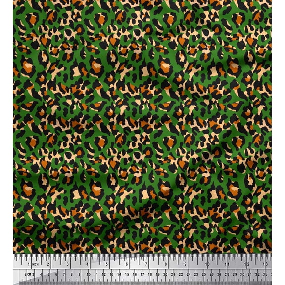 Soimoi Green Cotton Cambric Fabric Leopard Animal Skin Printed Fabric 1 Yard 42 Inch Wide
