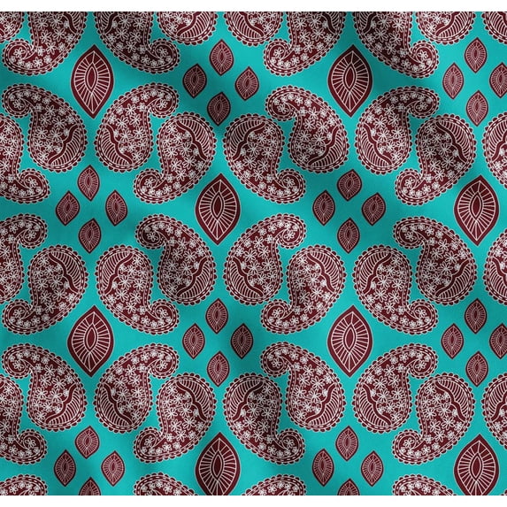 Soimoi Green Cotton Cambric Fabric Maroon Paisley Print Fabric by the Yard 42 Inch Wide