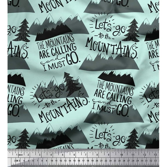 Soimoi Green Cotton Cambric Fabric Mountains & Text Print Fabric by the Yard 42 Inch Wide