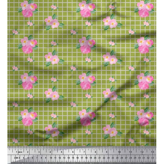 Soimoi Green Cotton Cambric Fabric Pink Flower & Check Printed Fabric 1 Yard 42 Inch Wide