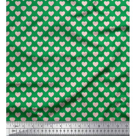 Soimoi Green Cotton Cambric Fabric Pink Heart Decor Fabric Printed Yard 56 Inch Wide