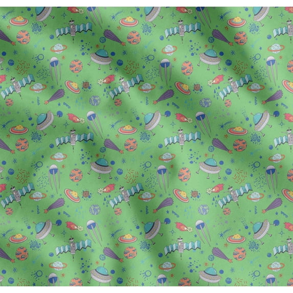 Soimoi Green Cotton Cambric Fabric Satellite & Planet Galaxy Decor Fabric Printed Yard 42 Inch Wide