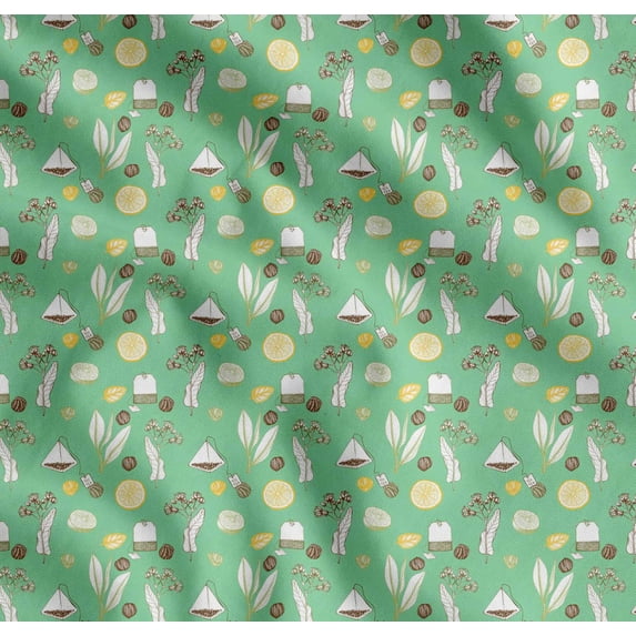 Soimoi Green Cotton Cambric Fabric Tea Bag,Herbs & Lemon Slice Vegetable Print Fabric by Yard 56 Inch Wide