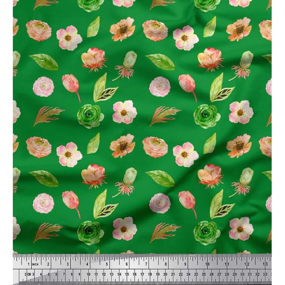 Soimoi Green Cotton Duck Fabric Anemone & Leaves Printed Fabric 1 Yard 42 Inch Wide