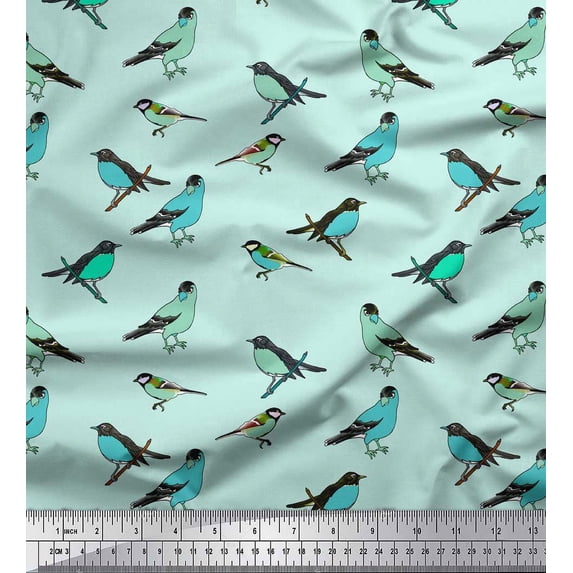 Soimoi Green Cotton Duck Fabric Artistic Bird Print Fabric by the Yard 58 Inch Wide