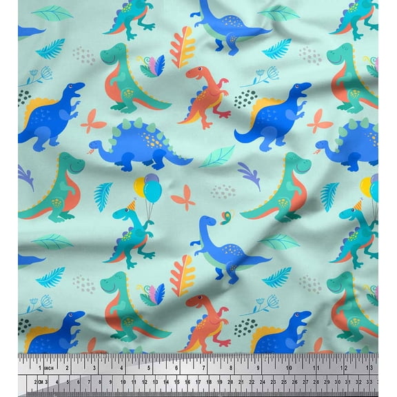 Soimoi Green Cotton Duck Fabric Balloon & Dinosaur Kids Print Sewing Fabric Yard 42 Inch Wide