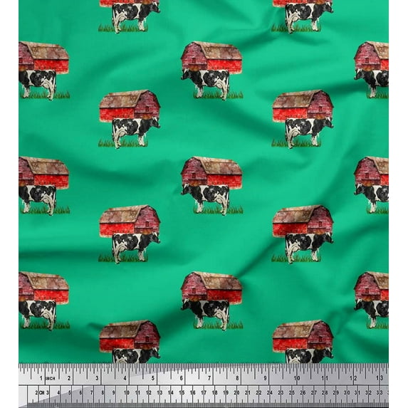 Soimoi Green Cotton Duck Fabric Barn & Cow Farm Printed Fabric 1 Yard 44 Inch Wide