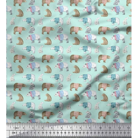Soimoi Green Cotton Duck Fabric Bear Animal Print Fabric by Yard 42 Inch Wide