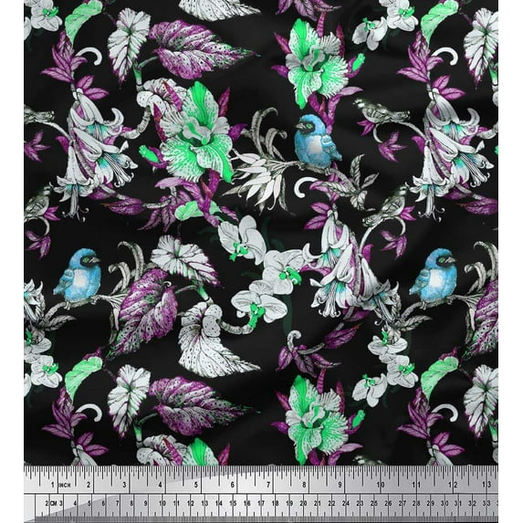 Soimoi Green Cotton Duck Fabric Bird,Leaves & Orchids Flower Print Fabric by The Yard 42 Inch Wide