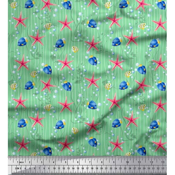 Soimoi Green Cotton Duck Fabric Bubbles,Starfish & Tangfish Ocean Fabric Prints By Yard 42 Inch Wide