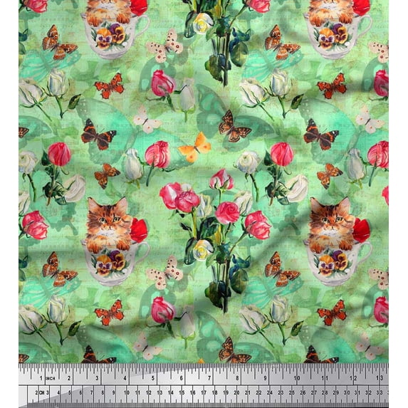 Soimoi Green Cotton Duck Fabric Cat,Insect & Rose Buds Flower Printed Fabric 1 Yard 42 Inch Wide
