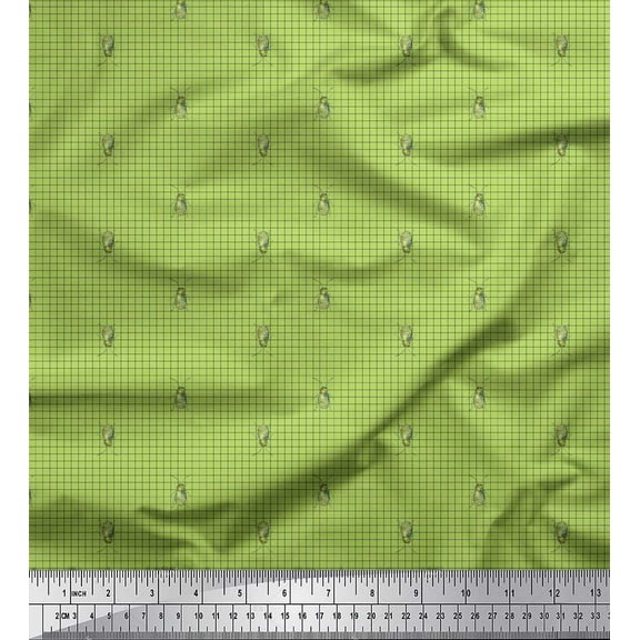 Soimoi Green Cotton Duck Fabric Check & Insect Print Fabric by Yard 42 Inch Wide