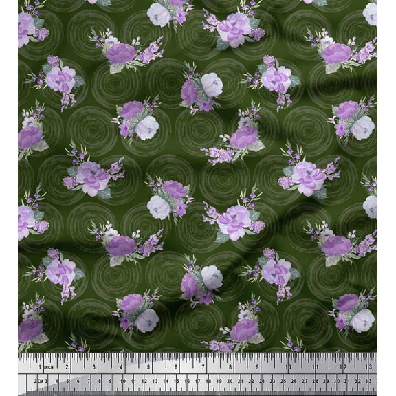 Soimoi Green Cotton Duck Fabric Circle & Peony Floral Print Sewing Fabric Yard 44 Inch Wide