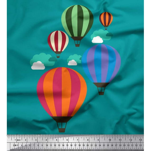 Soimoi Green Cotton Duck Fabric Cloud & Hot Air Balloon Holiday Printed Craft Fabric by the Yard 42 Inch Wide