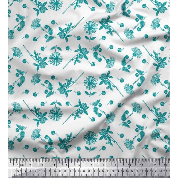 Soimoi Green Cotton Duck Fabric Clover & Daisy Floral Print Sewing Fabric Yard 42 Inch Wide