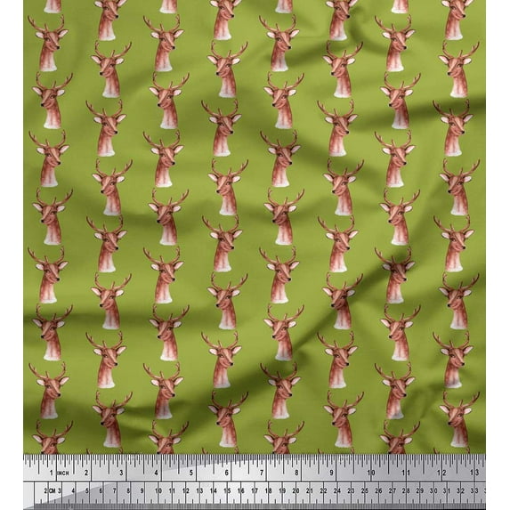Soimoi Green Cotton Duck Fabric Deer Face Print Fabric by the Yard 44 Inch Wide