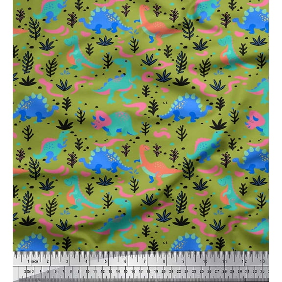 Soimoi Green Cotton Duck Fabric Dinosaurs & Leaves Kids Print Fabric by the Yard 42 Inch Wide