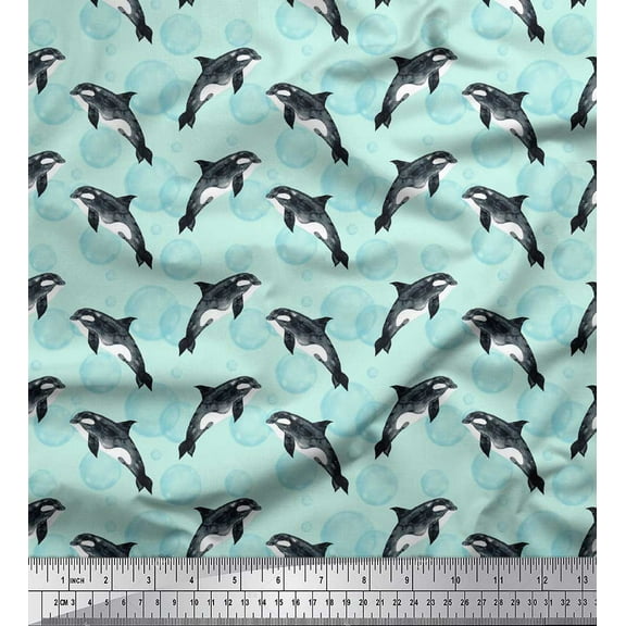 Soimoi Green Cotton Duck Fabric Dolphin & Bubbles Ocean Decor Fabric Printed Yard 44 Inch Wide