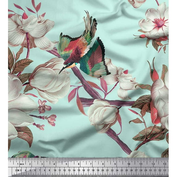 Soimoi Green Cotton Duck Fabric Floral & Bird Print Fabric by Yard 44 Inch Wide