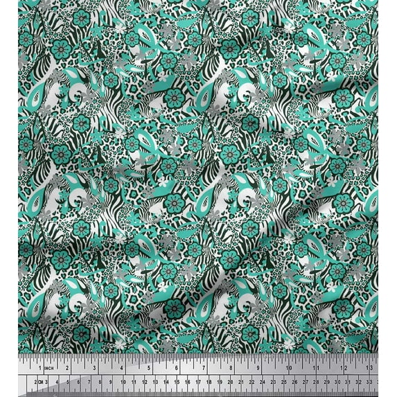 Soimoi Green Cotton Duck Fabric Floral,Leopard & Wild Animal Skin Print Fabric by Yard 42 Inch Wide